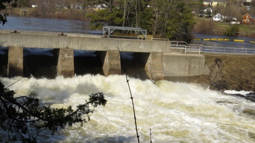 Marmora Dam in the Spring with fast water flowing through the dam